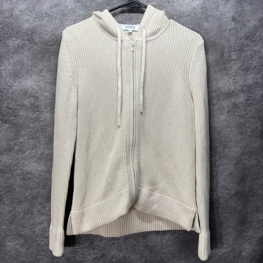 Pura Cashmere 100% Supima Cotton Shaker Knit Full Zip Hoodie Sweater Sz XS Beige